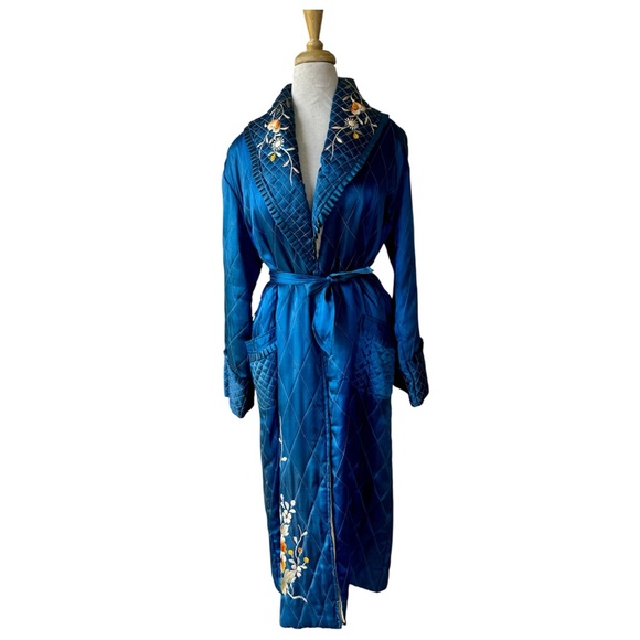 Vtg 50s Royal Blue Silk Floral Embroidered Quilted Robe Coat Kimono Japan As Is